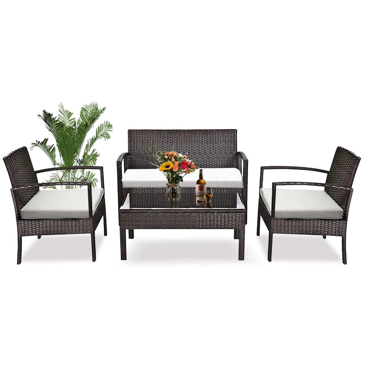 4 Pieces Brown Rattan Patio Conversation Set V539