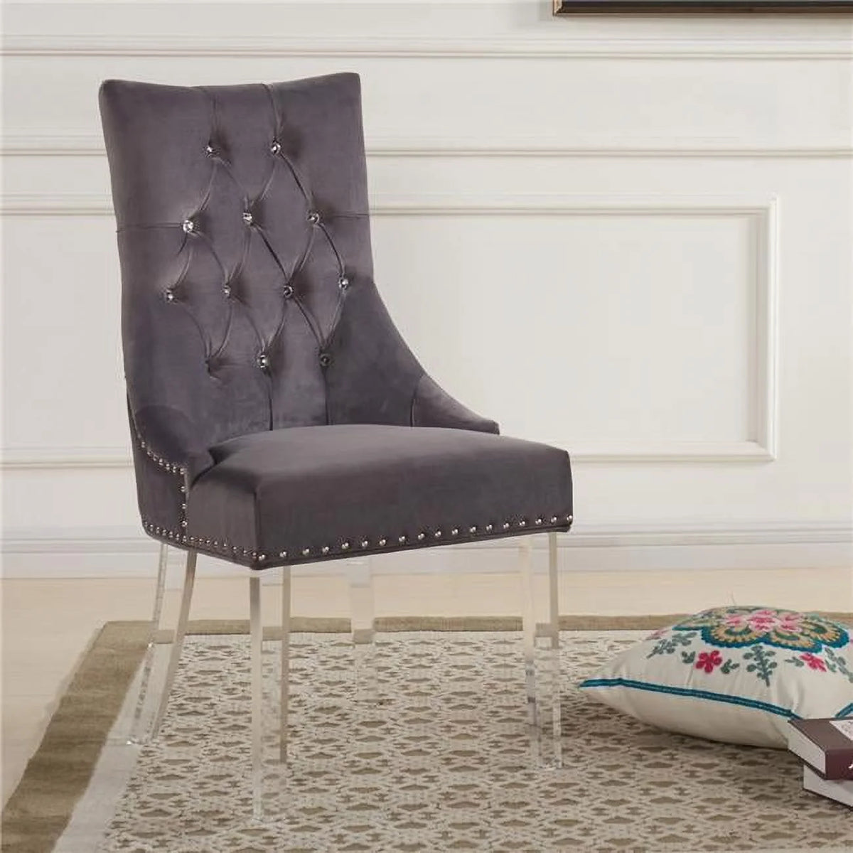 Gray Velvet Tufted Dining Chair with Acrylic Legs H168024