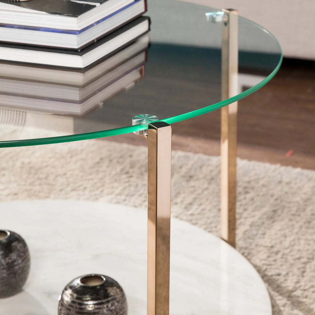 Modern Faux Marble and Glass Top Round Coffee Table B8870