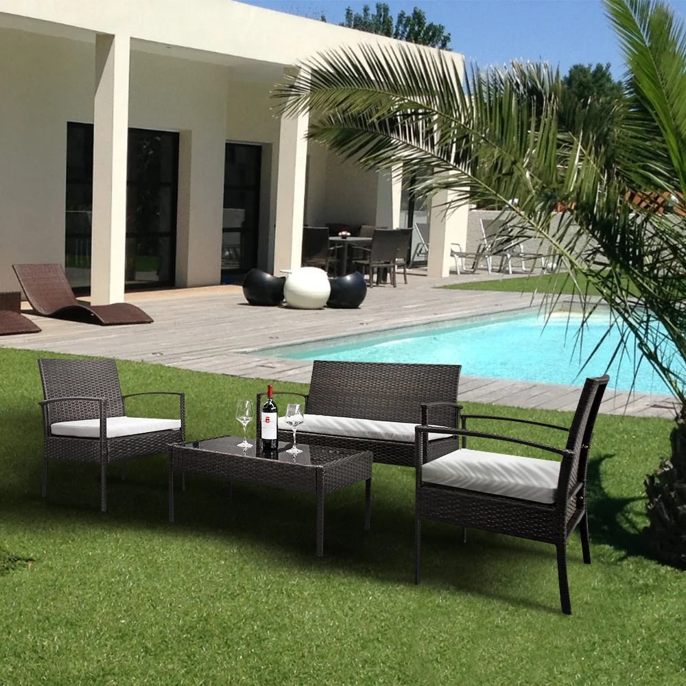 4 Pieces Brown Rattan Patio Conversation Set V539