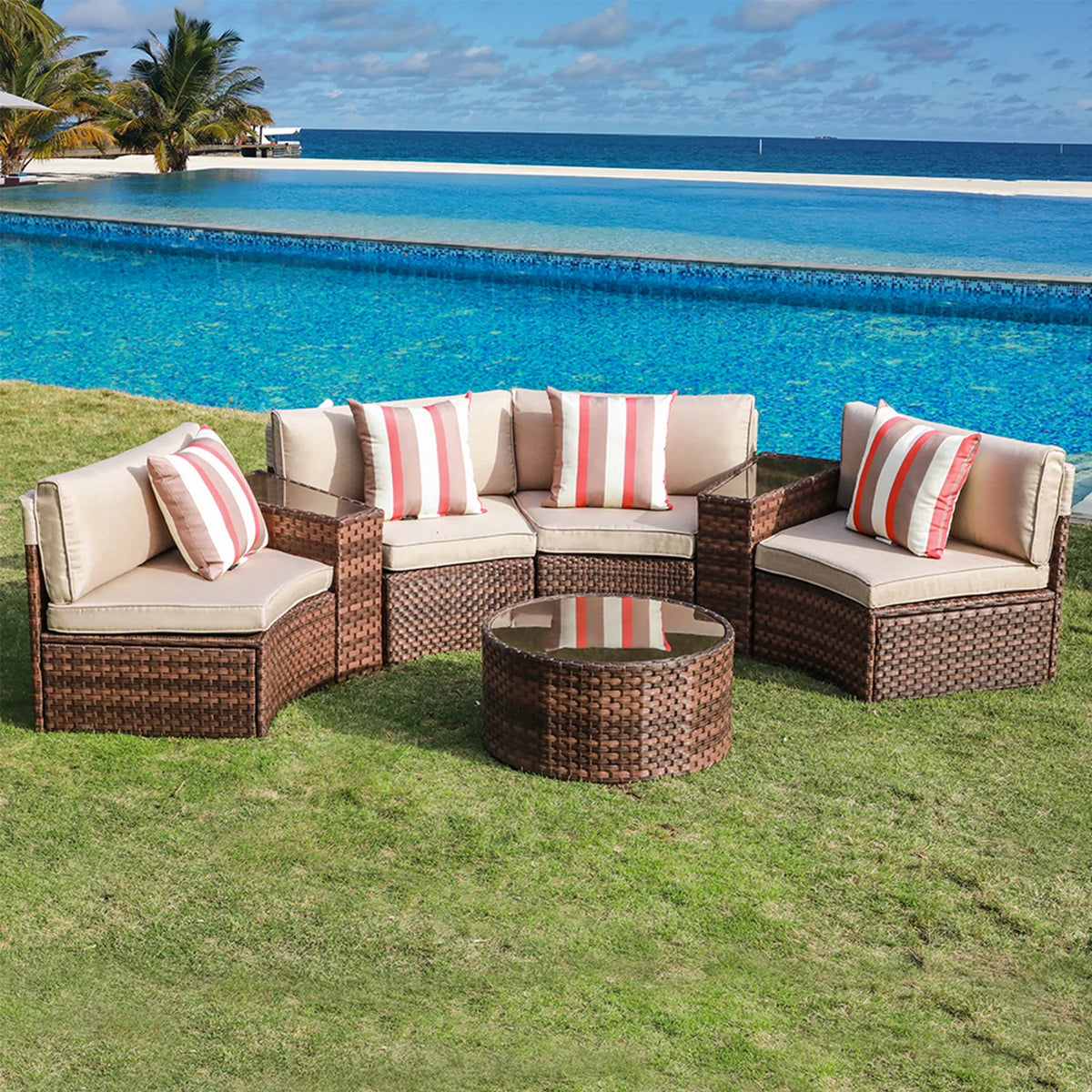 Brown 7-Piece PE Wicker Curved Sectional Sofa Set with Coffee Table T516729