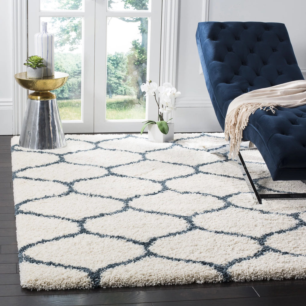 Ivory Slate Blue Geometric Shag Area Rug 7' x 7' Square F26960