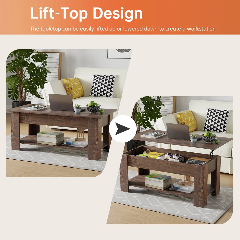 Brown Lift Top Coffee Table with Hidden Compartment and Storage Shelf H9442