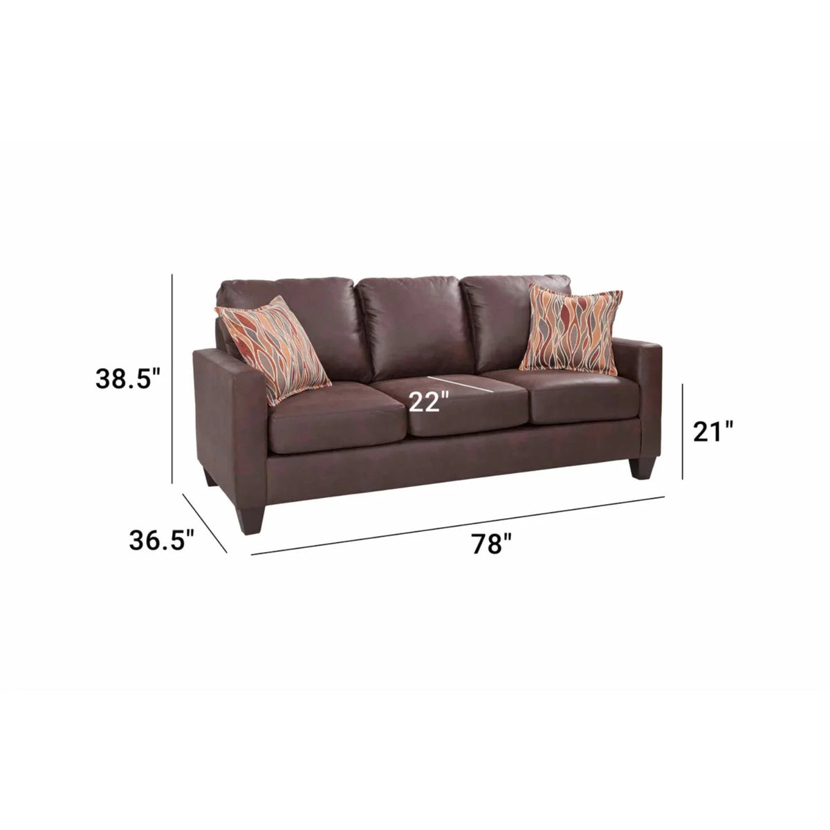 Square Arm Sofa in Pinto Brown Faux Leather with Two Accent Pillows W53424