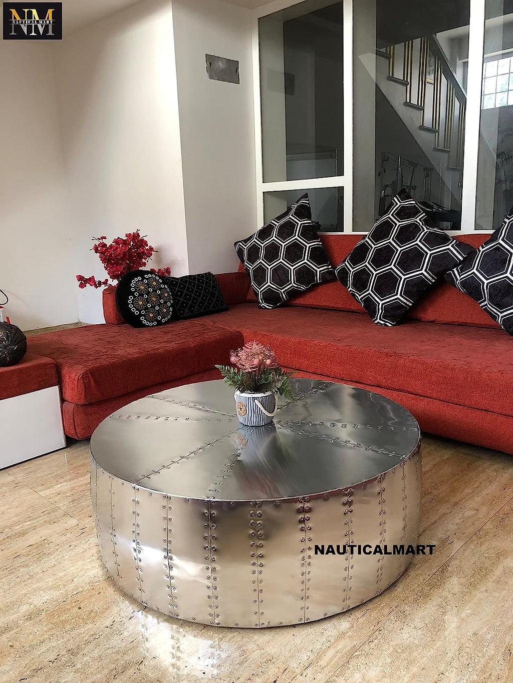 Aluminum Drum Shaped Coffee Table 36 Inches W849