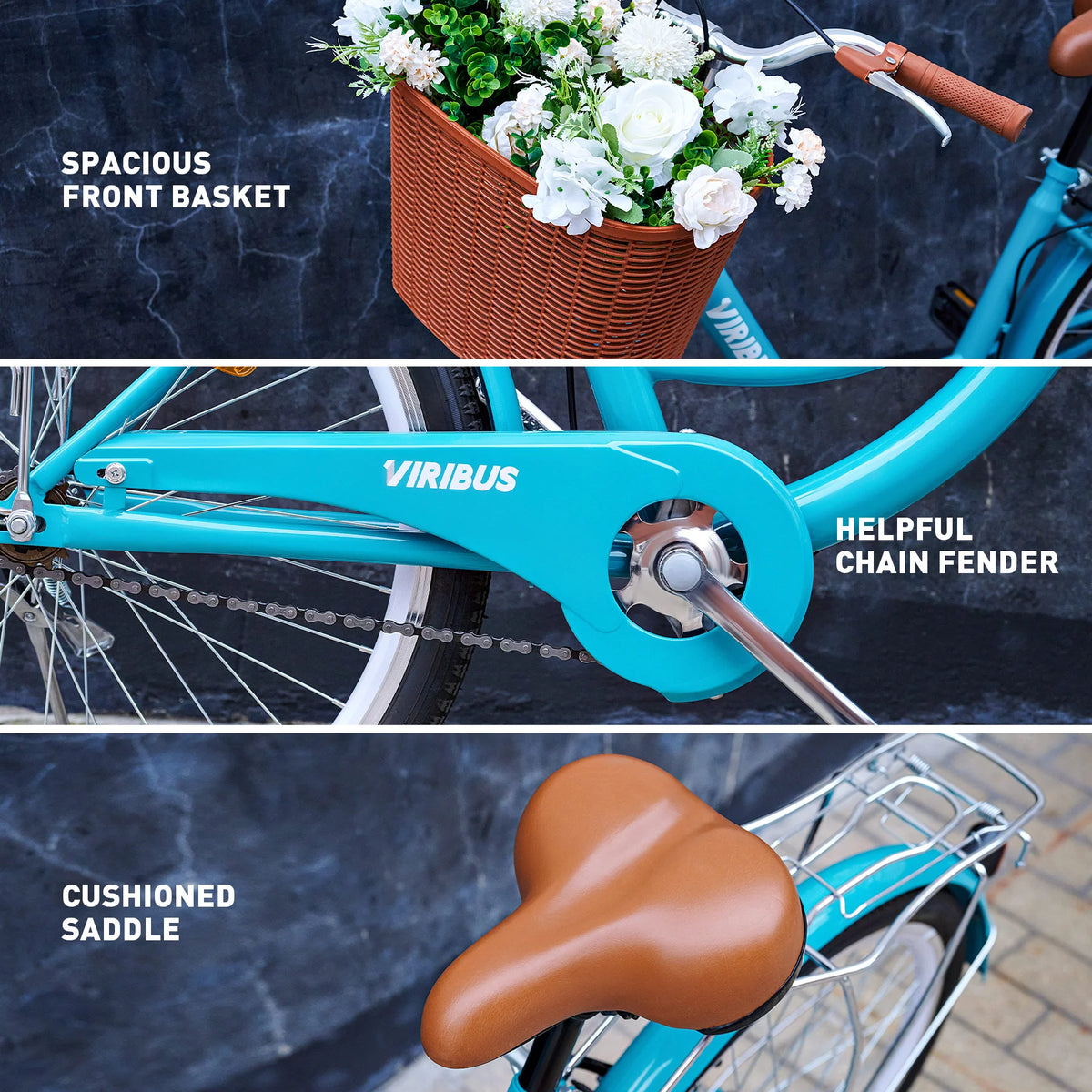 26 Inch Teal Cruiser Bicycle with Basket Rack Q12694