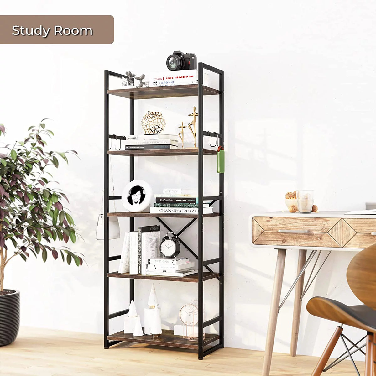 5 Tier Wood Bookcase with 4 Hooks B771605
