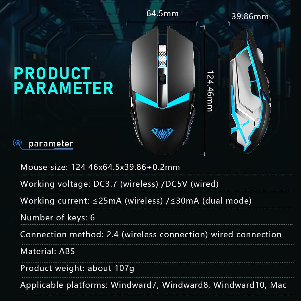 LED Wireless Gaming Mouse, 2.4G Rechargeable Ergonomic Optical, Black Pack of 2 P508514
