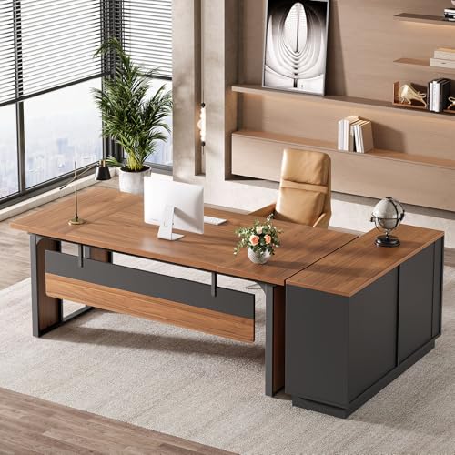 L-Shaped Executive Desk with Drawers Cabinet and Storage Shelves V749057