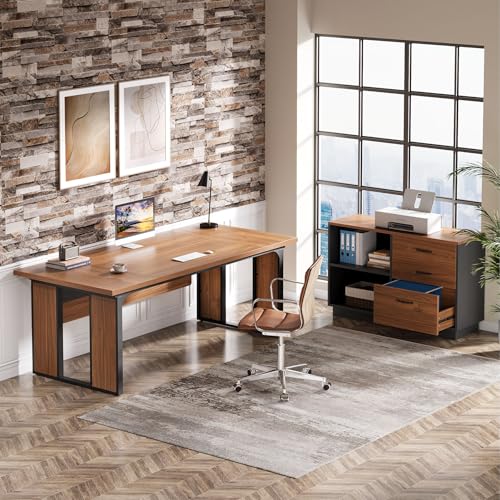 L-Shaped Executive Desk with Drawers Cabinet and Storage Shelves V749057