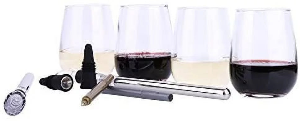 10 Pc Wine Accessories Set with Glasses Chiller Marker and Stopper N148831