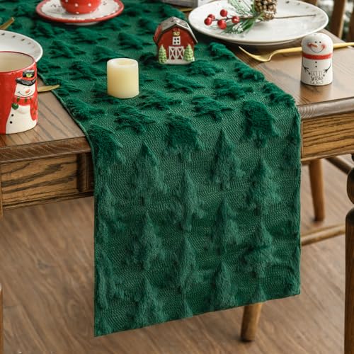 Green Plush Faux Fur Jacquard Christmas Table Runner 13x72 Inch B704461
