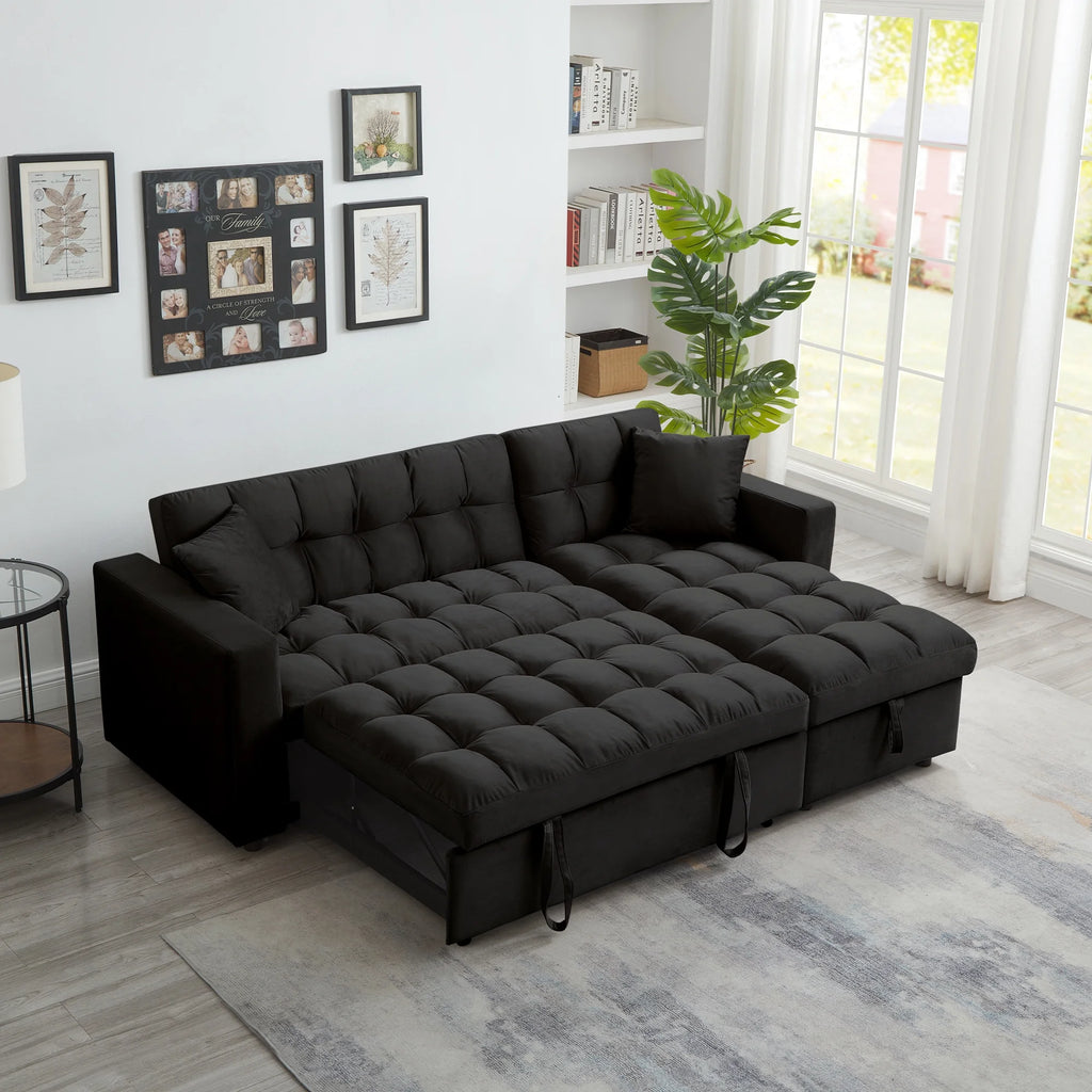 84" Black Velvet Convertible Sleeper Sofa with Storage Chaise Y2708