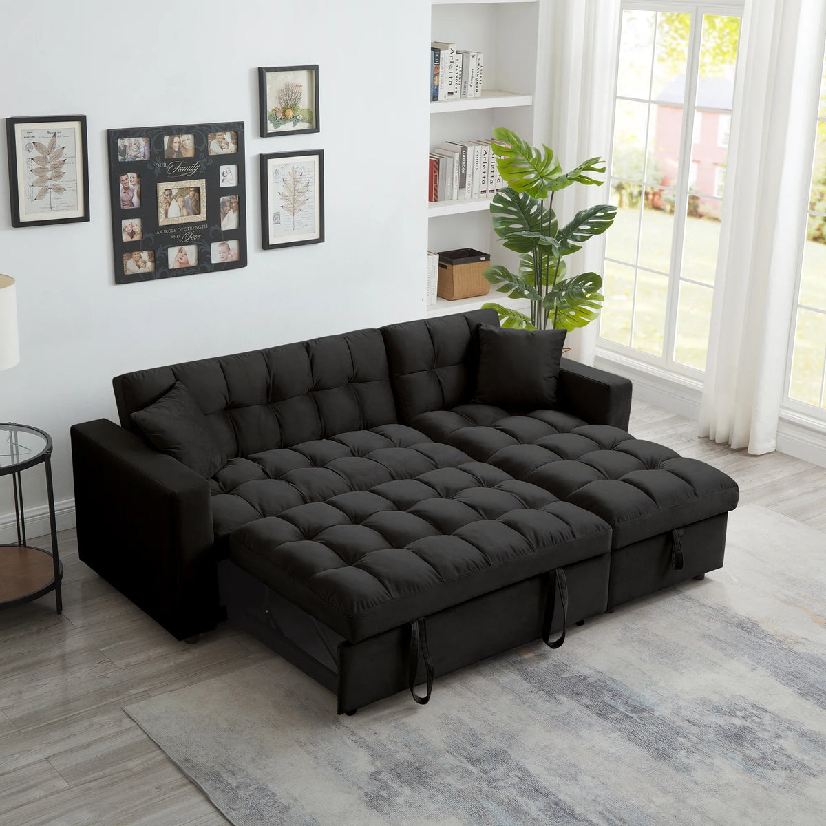 84" Black Velvet Convertible Sleeper Sofa with Storage Chaise Y2708