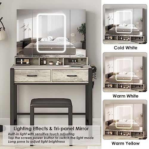 Vanity Desk with Lighted Tri-Fold Mirror and 2 Drawers T86517