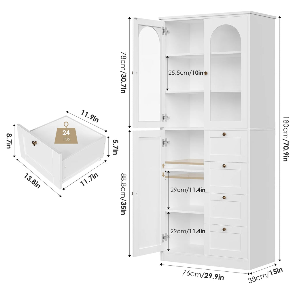 White Kitchen Pantry Cabinet with 2 Glass Doors and 4 Drawers M70531