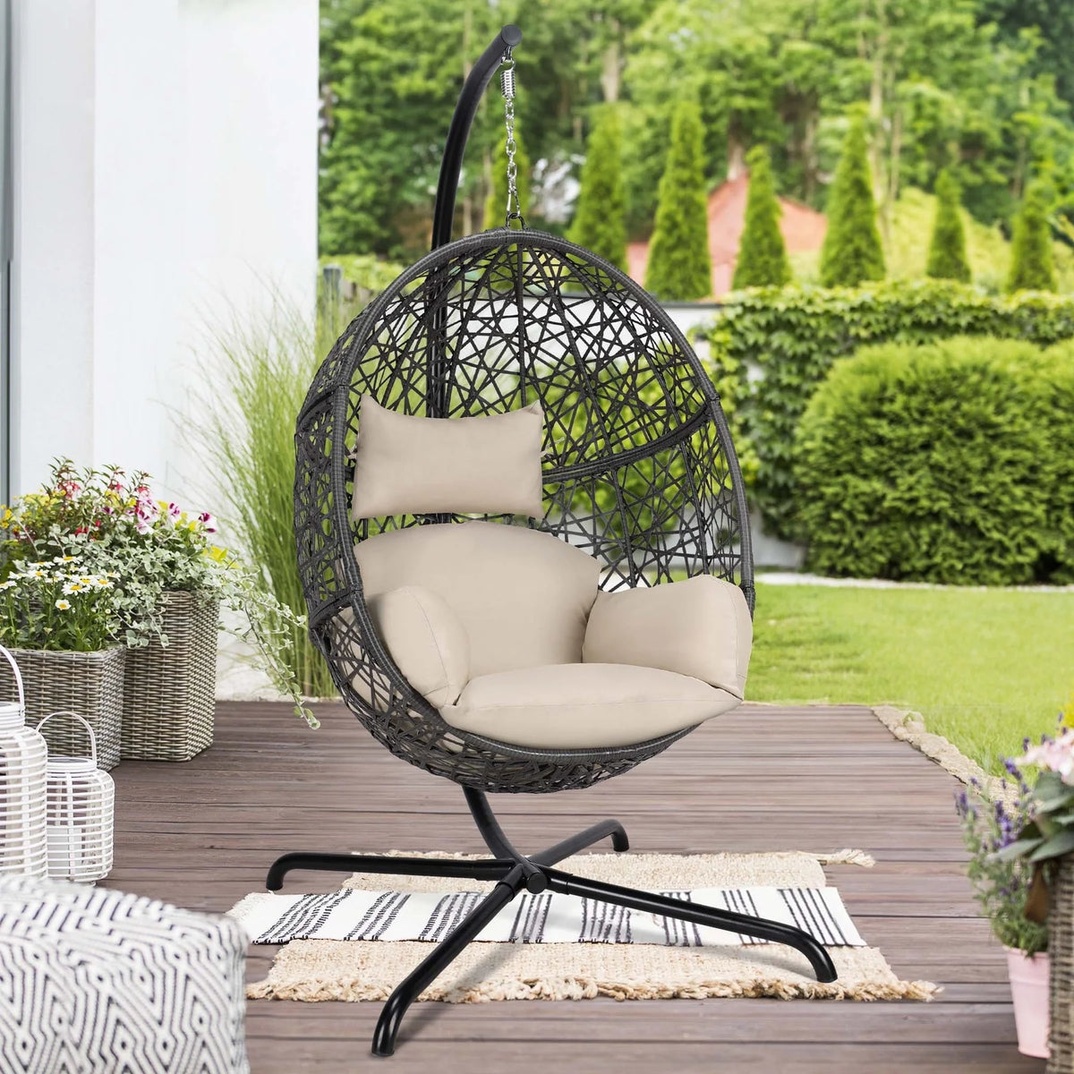 Oversized Black Hanging Swing Egg Chair with Stand and Beige Set B370