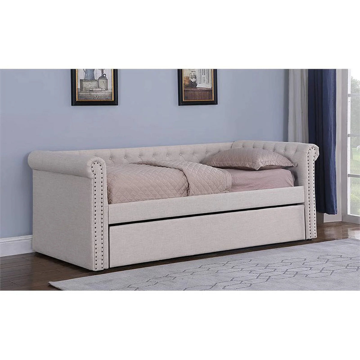 Beige Fabric Tufted Daybed with Trundle E899