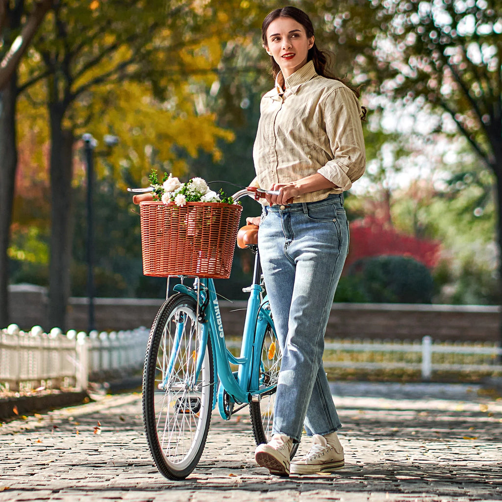 26 Inch Teal Cruiser Bicycle with Basket Rack Q12694