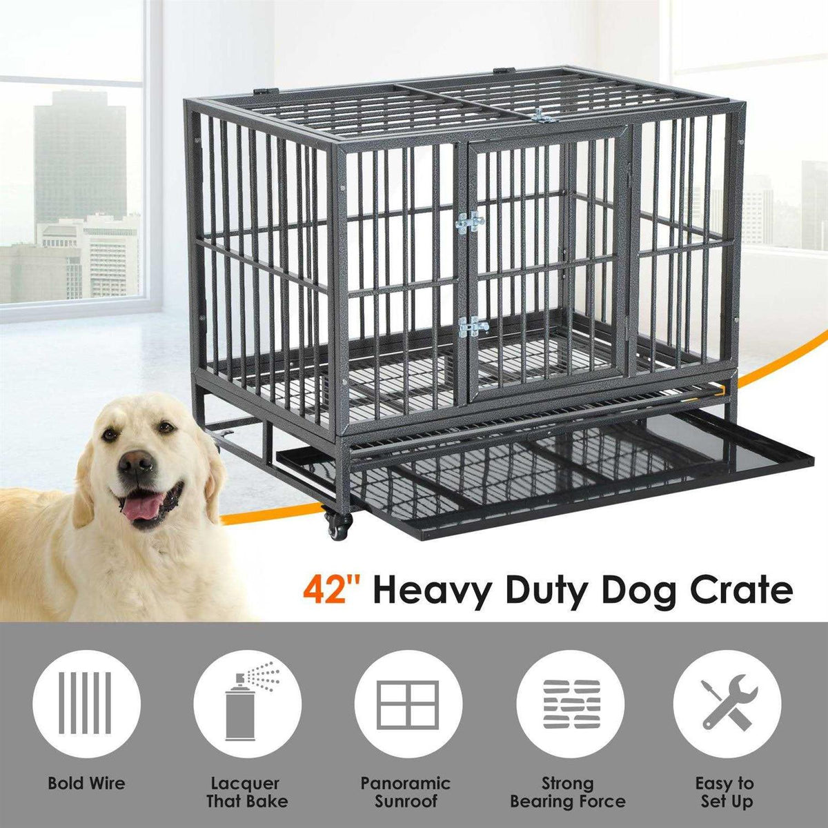 Heavy Duty Dog Crate Metal Cage Kennel with Lockable Wheels H135581