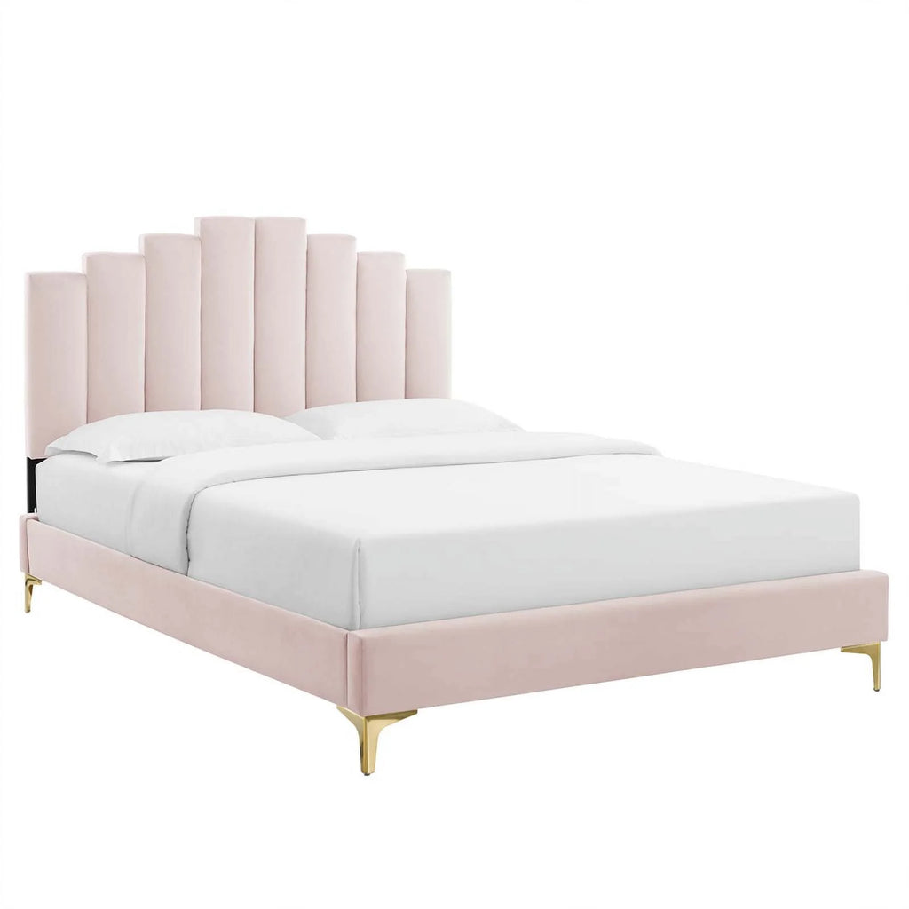King Modern Performance Velvet Platform Bed in Pink C32321