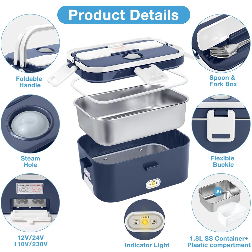Electric Lunch Box Food Heater 60W 1.8L Stainless Steel Green Royal Blue B33332