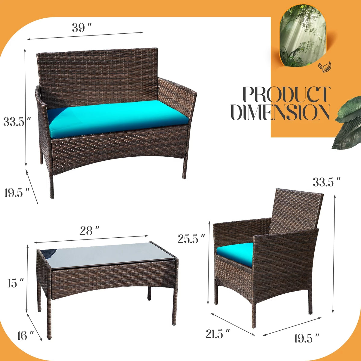 4 Piece PE Rattan Wicker Patio Table and Chairs Set with Cushions N8022