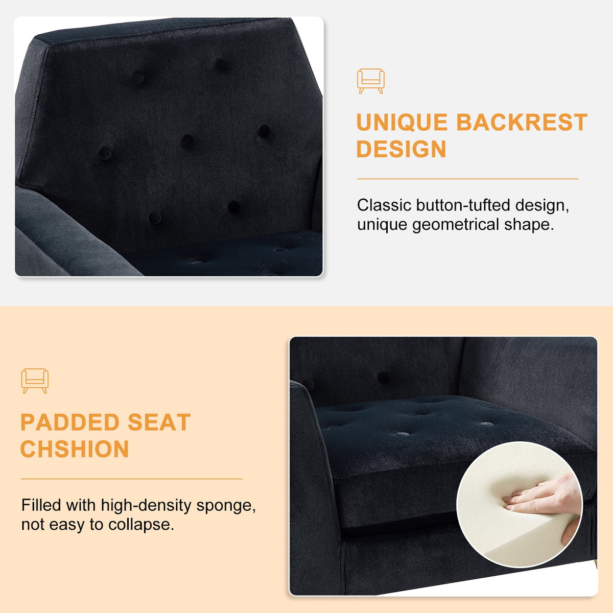 Black Velvet Upholstered Armchair Set of 2 W122