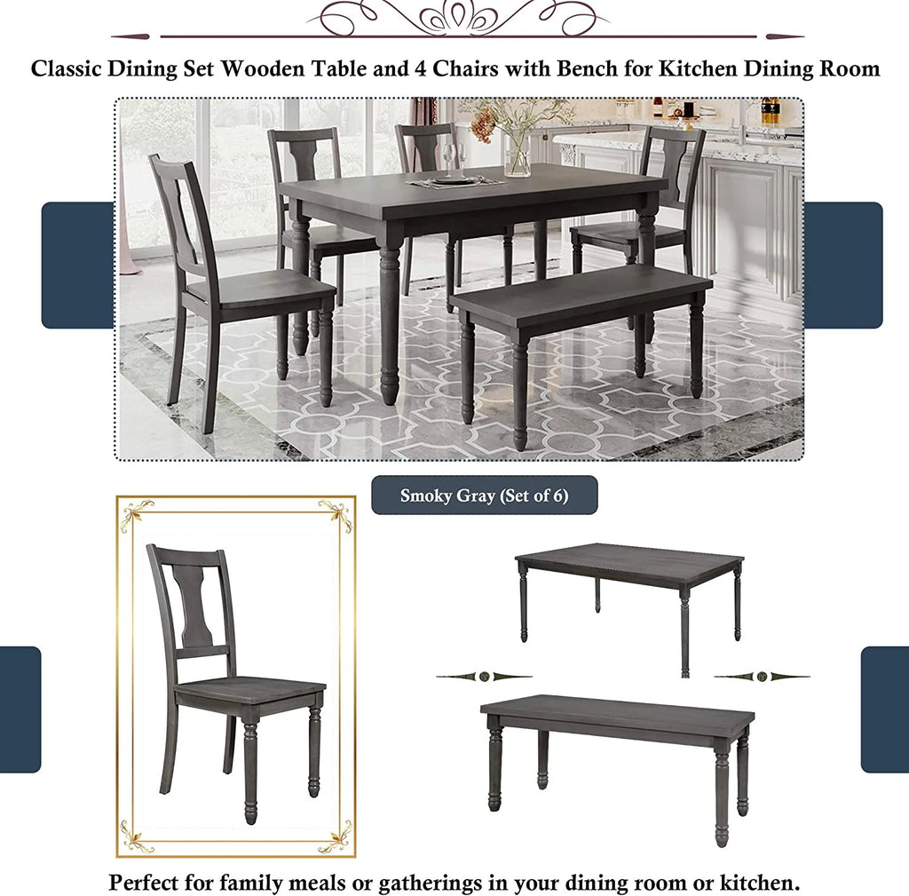 6 Piece Wooden Dining Table Set with 4 Chairs and Bench S96097