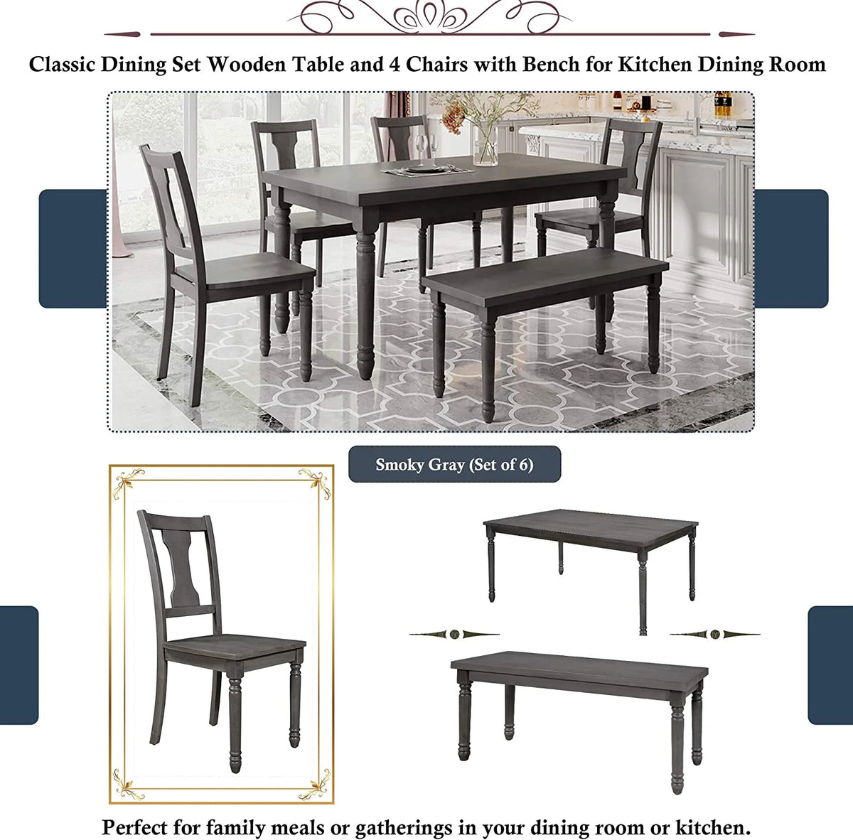 6 Piece Wooden Dining Table Set with 4 Chairs and Bench S96097