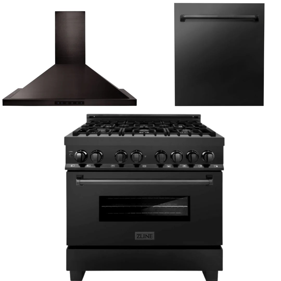 Black Stainless Steel 36 Range, Range Hood, Dishwasher T202091