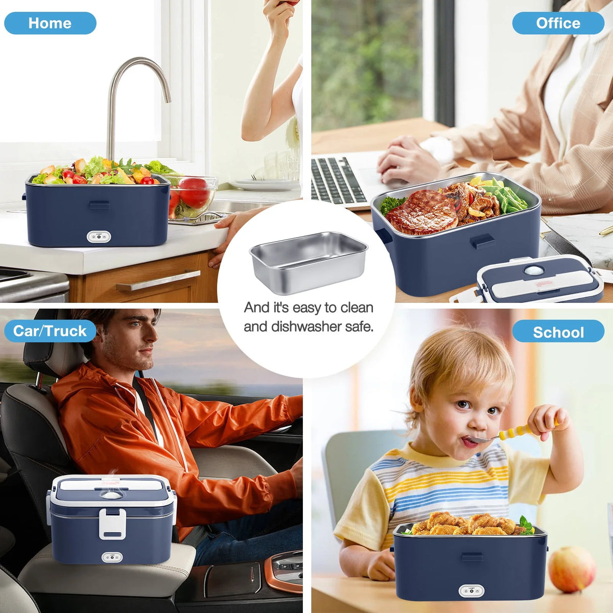 Electric Lunch Box Food Heater 60W 1.8L Stainless Steel Green Royal Blue B33332