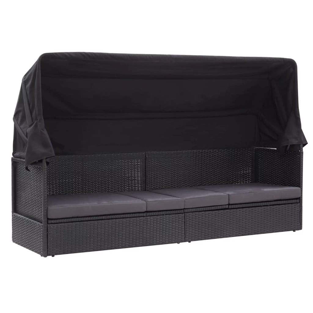 Black Poly Rattan Sun Lounger with Canopy and Cushion P5403