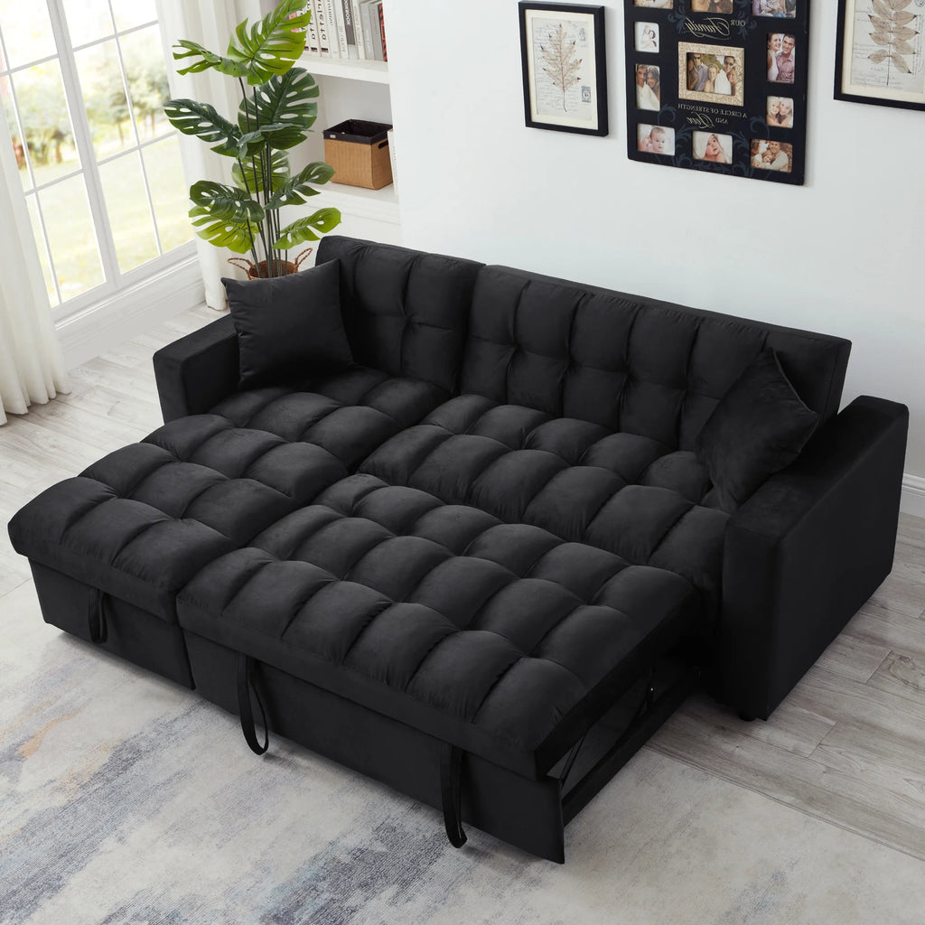 84" Black Velvet Convertible Sleeper Sofa with Storage Chaise Y2708