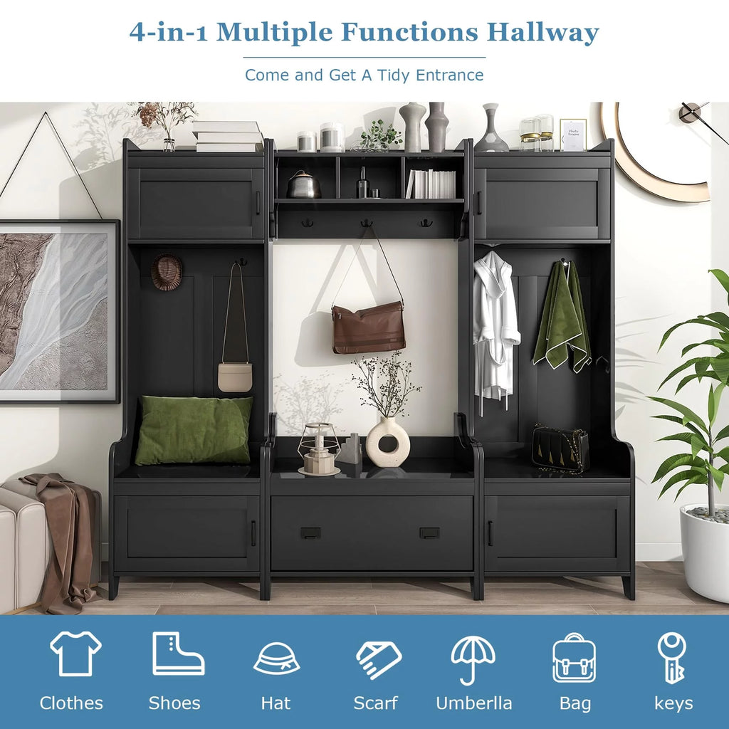 Black Hall Tree with Bench and Shoe Storage W47959