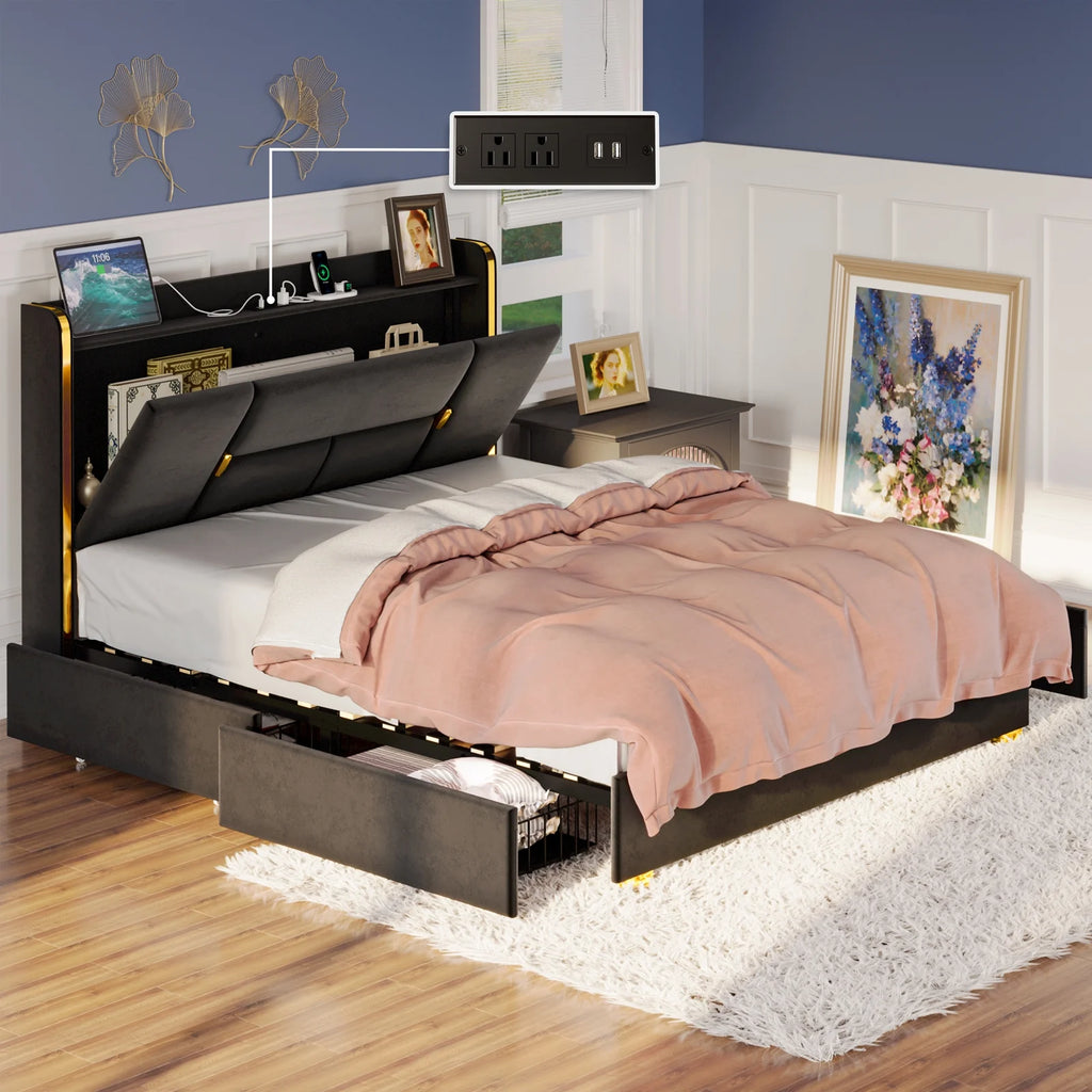 Queen Bed Frame with Storage Headboard and 4 Under-bed Drawers X1810