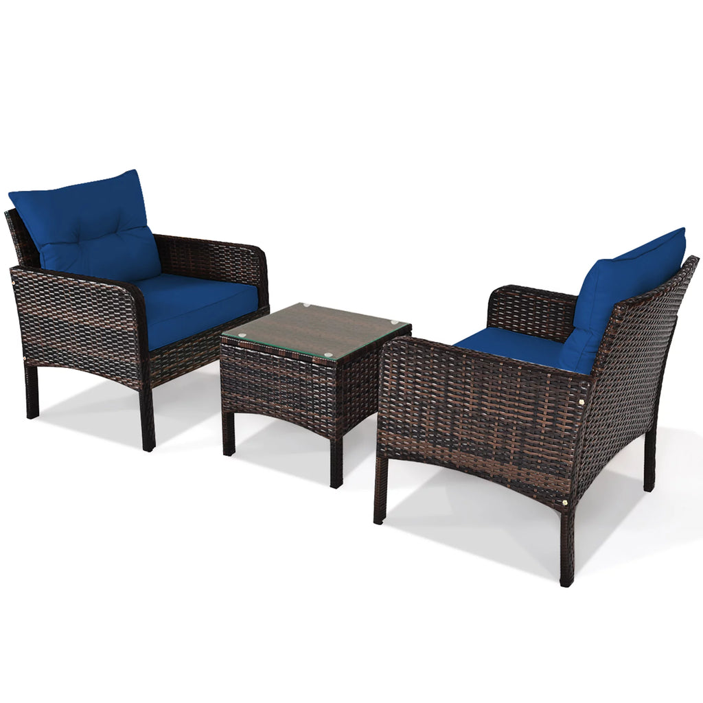 3 Pcs Rattan Patio Conversation Set with Navy Cushions J43316