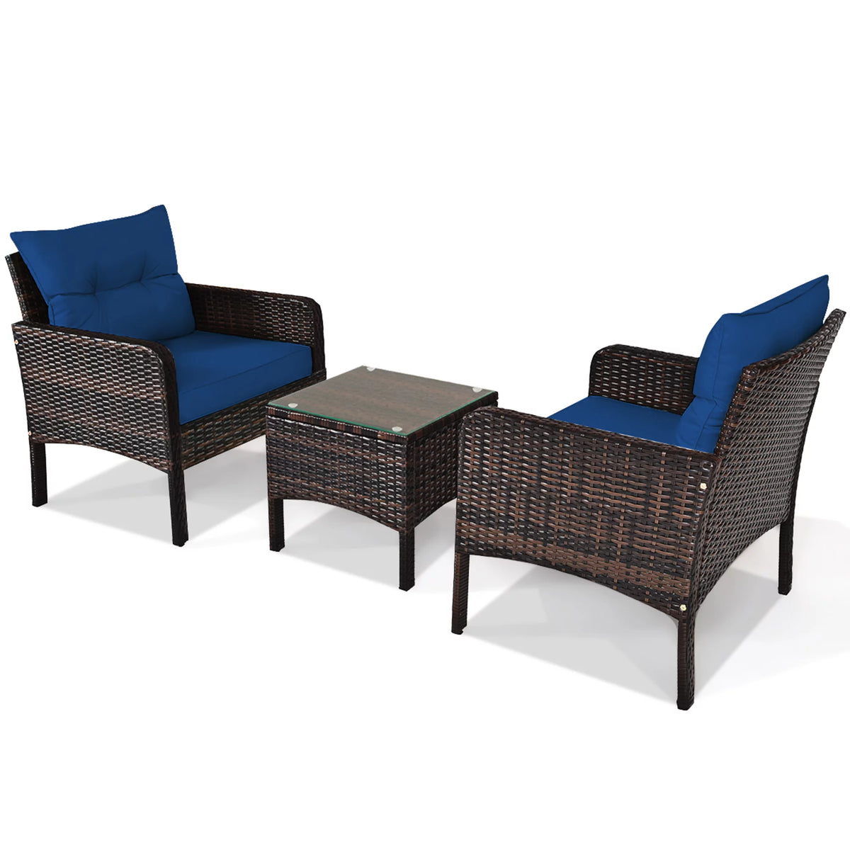3 Pcs Rattan Patio Conversation Set with Navy Cushions J43316