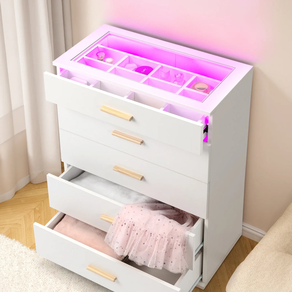 Black 5 Drawer Dresser with Tempered Glass Top H734