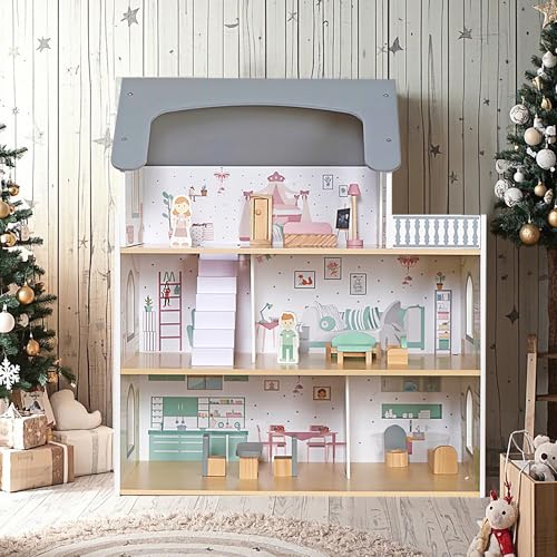 Wooden Playhouse with Balcony and 12 PCS Accessories B58212