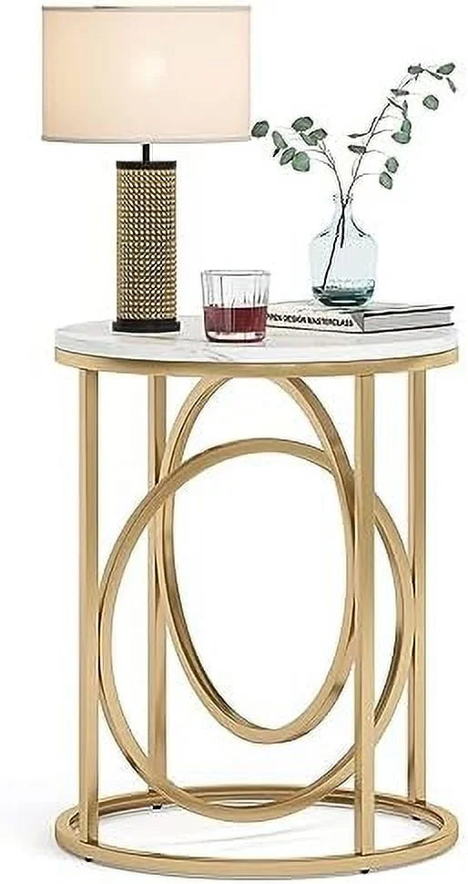 Modern Round End Table with Wood Top and Black O-Shaped Base Z1459