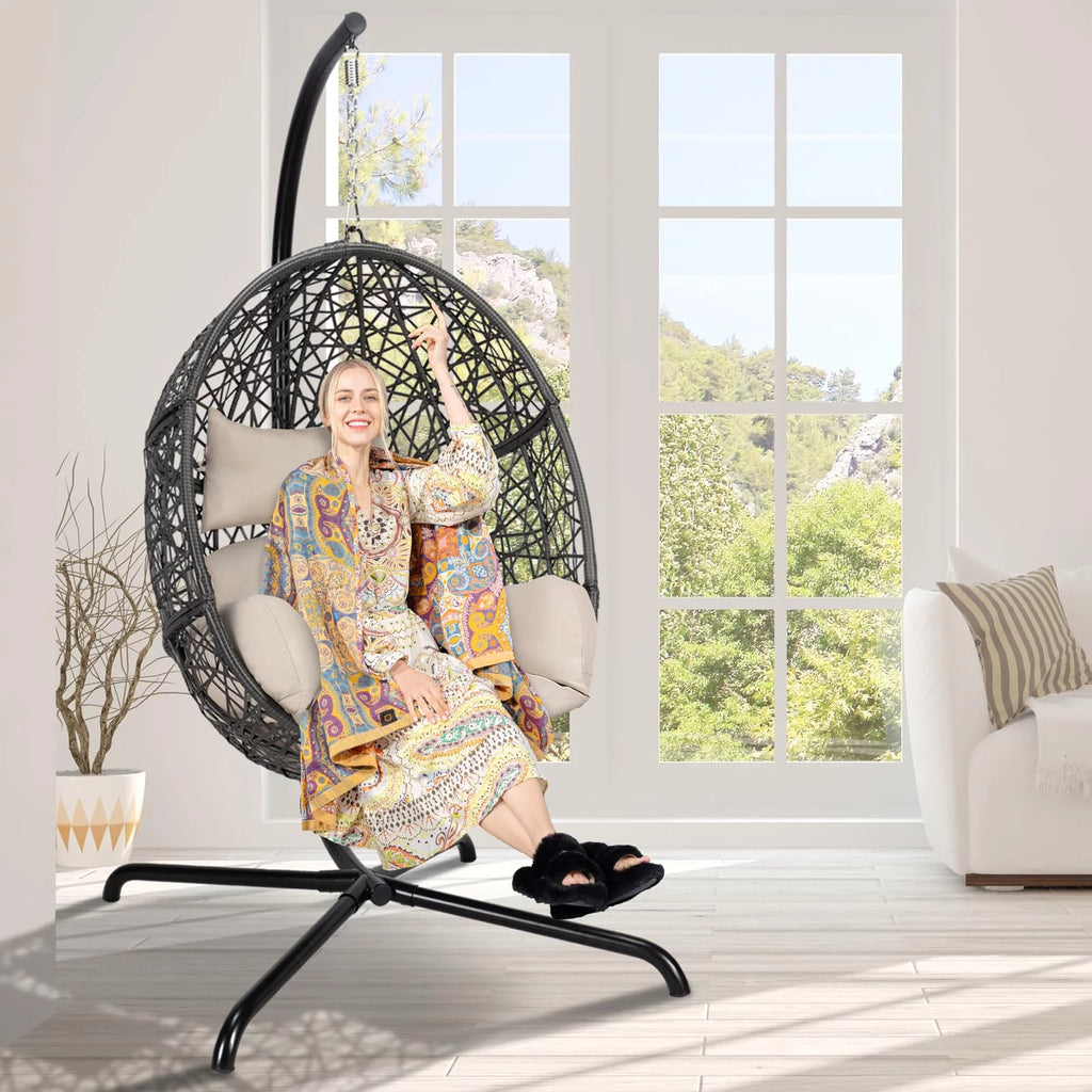 Oversized Black Hanging Swing Egg Chair with Stand and Beige Set B370