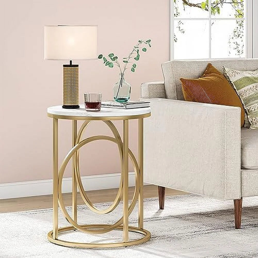 Modern Round End Table with Wood Top and Black O-Shaped Base Z1459