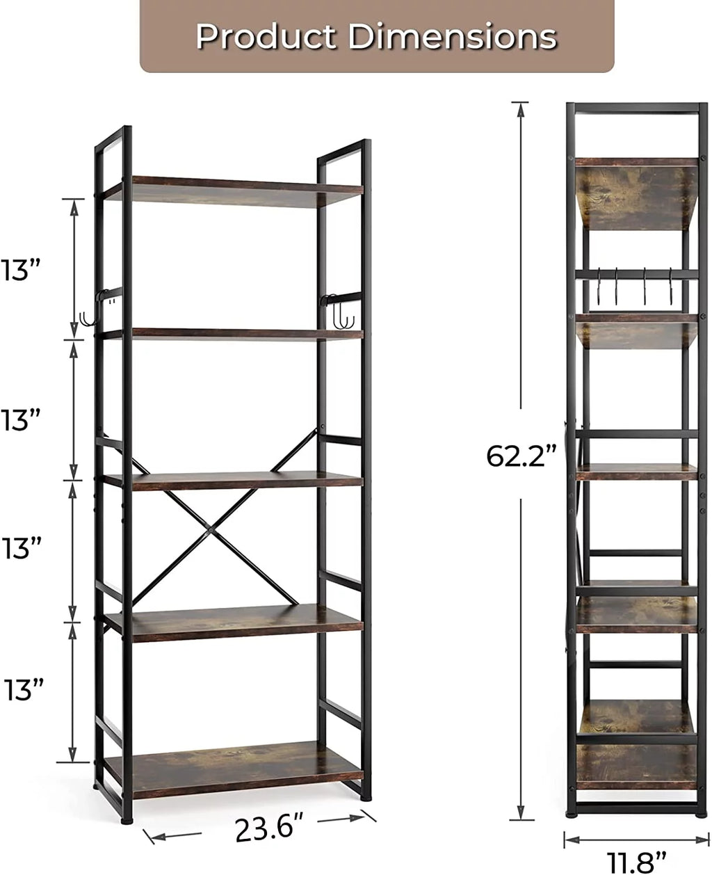 5 Tier Wood Bookcase with 4 Hooks B771605