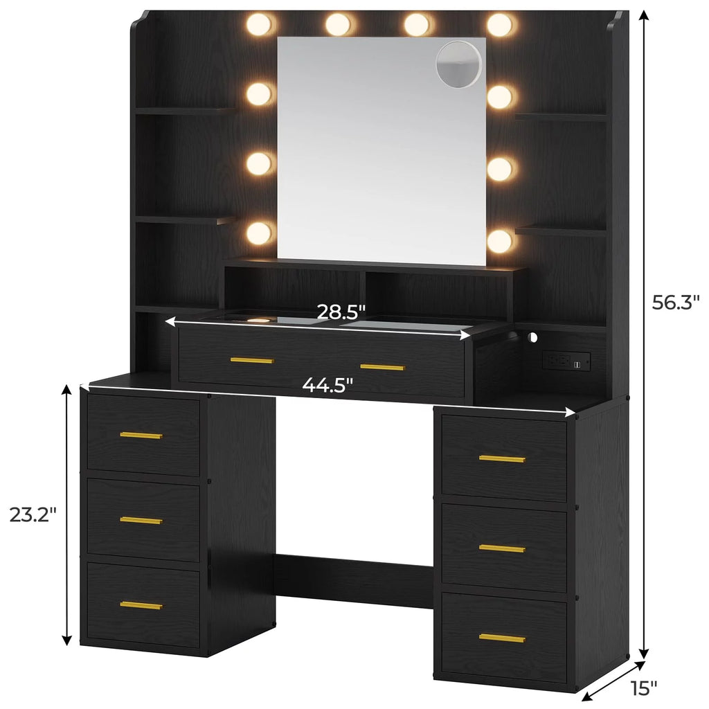 Black Glass Top Vanity Desk with Mirror and Lights O9319