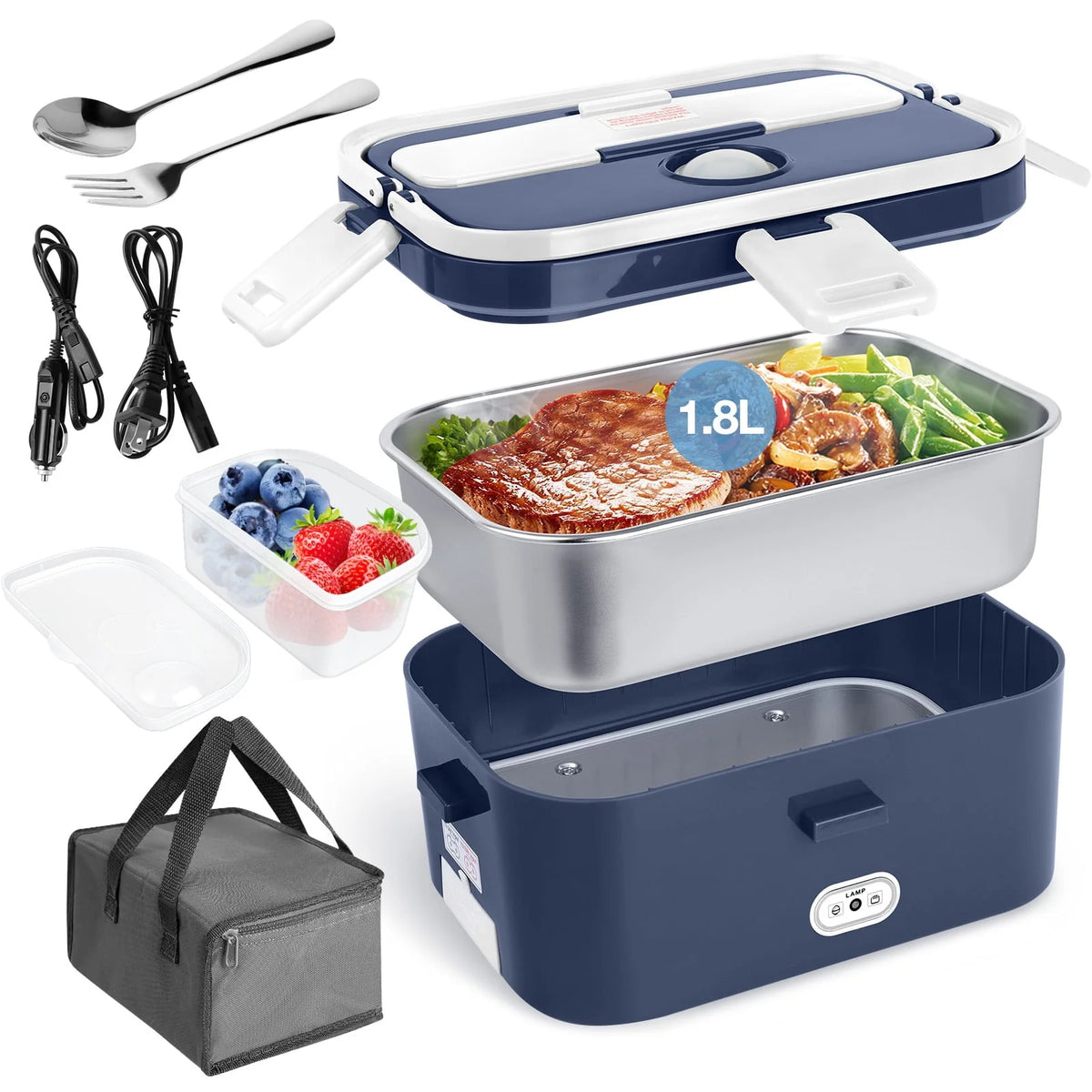 Electric Lunch Box Food Heater 60W 1.8L Stainless Steel Green Royal Blue B33332