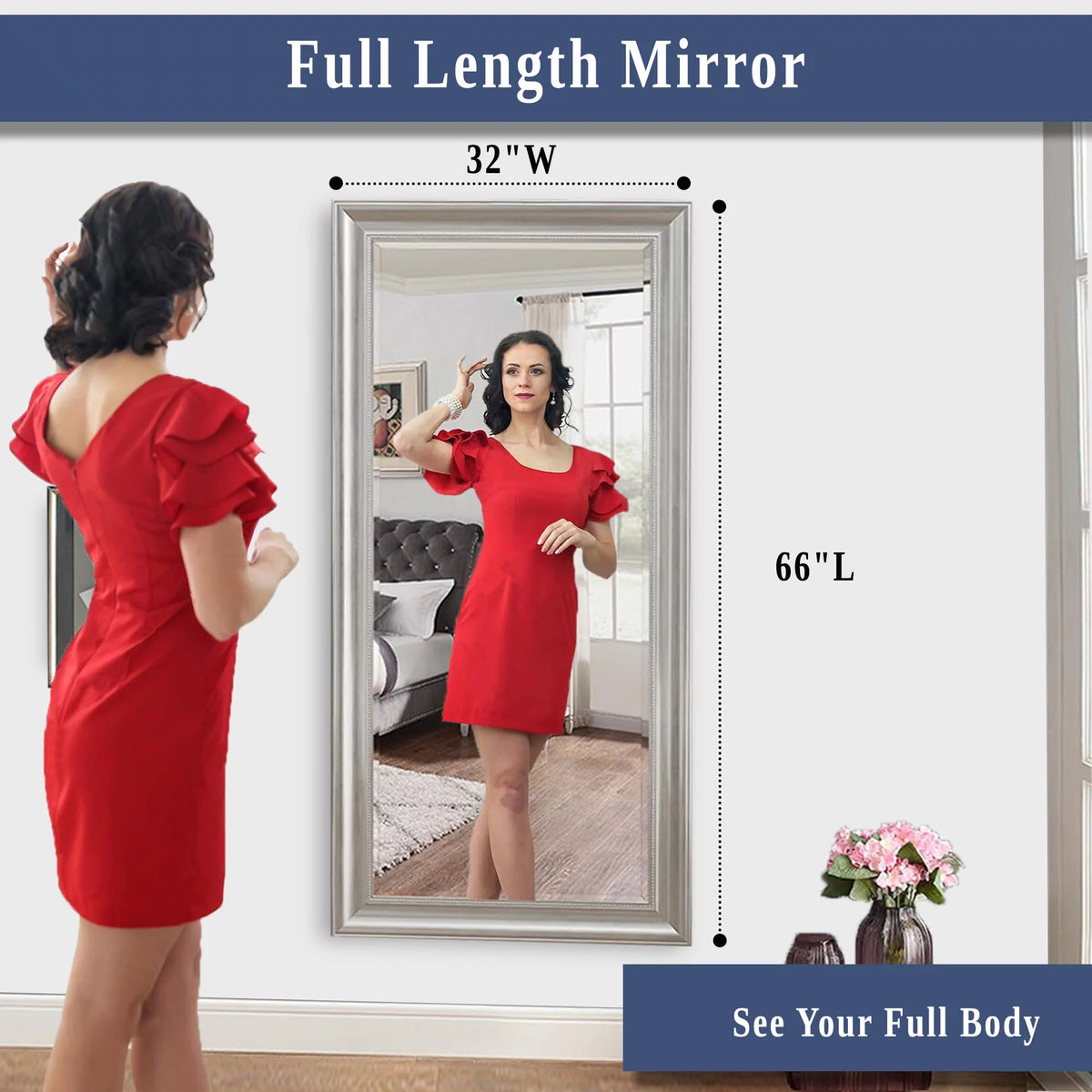 66"L x 32"W Beaded Full Length Mirror with Faux Wood Frame Q727