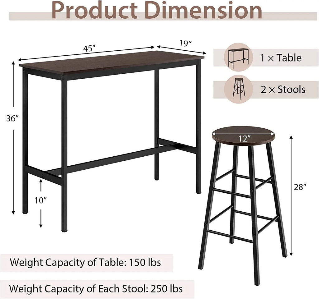 3-Piece Counter Height Table Set with 2 Round Stools Black I983075