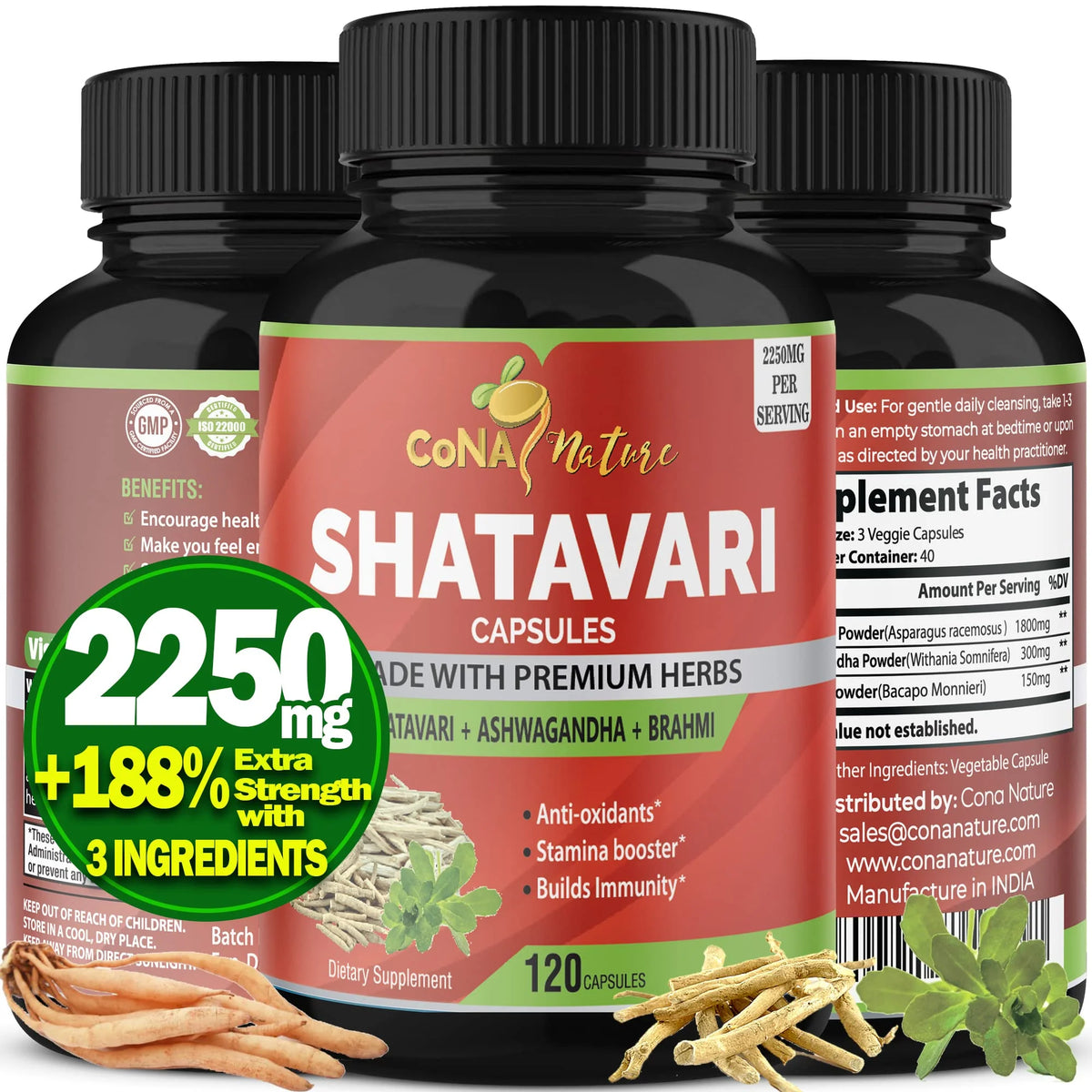 Organic Shatavari Powder Capsules 2250MG with Ashwagandha, Brahmi Extract, 120 Vegan Capsules P5478
