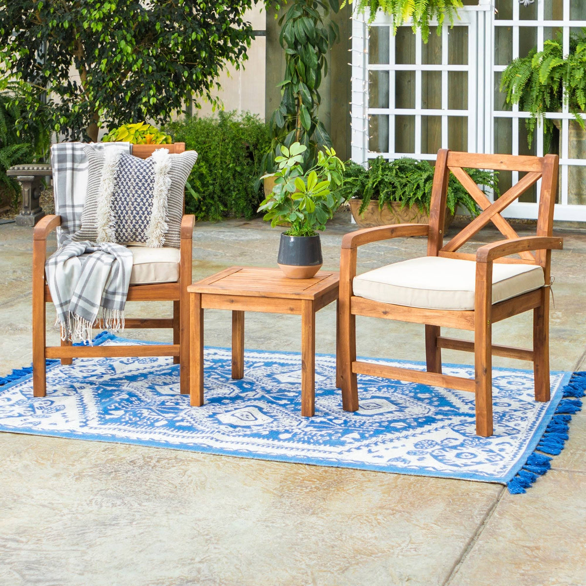 Brown 3-Piece Acacia Outdoor Chairs and Side Table Set D5084